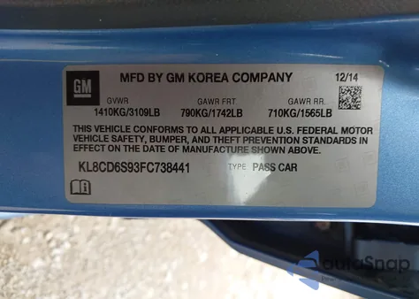 2015 Chevrolet Spark 1Lt Cvt z USA, uszkodzony, nr VIN KL8CD6S93FC738441